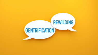 Konuşma baloncuğunda rewilding ve Gentrification metin mesajı. Web pankartı konsepti, sarı arkaplan illüstrasyonu.