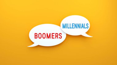 Boomers ve Millennials konuşma balonunda mesaj atıyor. Web pankartı konsepti, sarı arkaplan illüstrasyonu