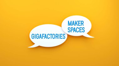 Gigafactories and Maker Spaces konuşma balonunda metin mesajı. Web pankartı konsepti, sarı arkaplan illüstrasyonu