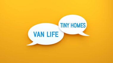 Van Life ve Tiny Homes konuşma balonunda kısa mesaj. Web pankartı konsepti, sarı arkaplan illüstrasyonu