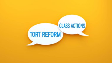 Konuşma balonunda Tort Reform ve Sınıf Eylemleri metin mesajı. Web pankartı konsepti, sarı arkaplan illüstrasyonu