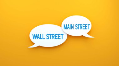 Wall Street ve Main Street konuşma balonunda mesaj atıyor. Web pankartı konsepti, sarı arkaplan illüstrasyonu