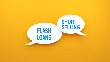 Konuşma balonunda Flash Loans ve Short Selling kısa mesaj. Web pankartı konsepti, sarı arkaplan illüstrasyonu