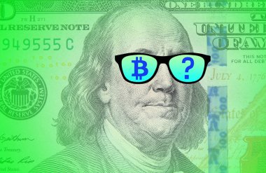 Amerikan doları geçmişi, bitcoin ve gözlük üzerindeki soru işareti simgesi. Yatırım, fırsat ve soru kavramı.