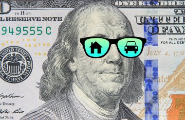 Amerikan doları geçmişi, ev ve araba ikonu gözlük. Yatırım, fırsat ve soru kavramı
