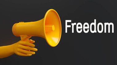 Özgürlük mesajı. Sarı el, sarı megafonu tutuyor. Siyah arkaplan