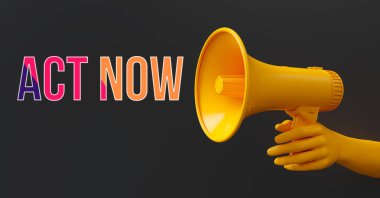 Şimdi Harekete Geç SMS. Sarı el, sarı megafonu tutuyor. Siyah arkaplan