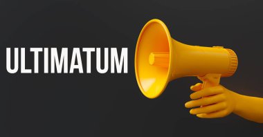 Ultimatom mesajı. Sarı el, sarı megafonu tutuyor. Siyah arkaplan
