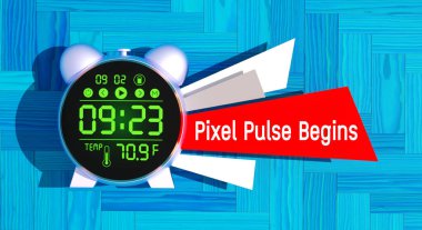 Piksel Nabzı kısa mesaja başlıyor. Dijital saat ve kelime uzayı. Mavi ahşap arkaplan 3D görüntüleme