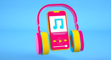 Renkli kablosuz kulaklık ve akıllı telefon. 3d oluşturma, mavi arkaplan