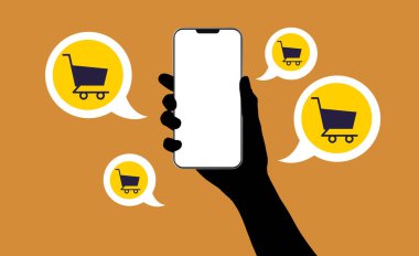 El ele tutuşmak, boş akıllı telefon. Konuşma baloncukları içinde alışveriş arabaları. Mobil pazarlama kavramı vektör çizimi
