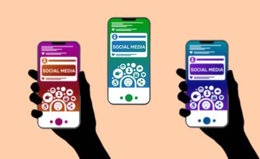 Akıllı telefonlar, sosyal medya simgeleri ve sosyal medya reklamları konsepti illüstrasyonları tutan eller