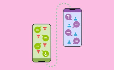 İki telefon arasındaki mesajlaşmayı sembolize eden vektör illüstrasyonu. Pembe arkaplan