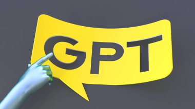 Sarı konuşma balonunda GPT konsepti. Gelecekçi kol GPT kavramının önemine işaret ediyor.