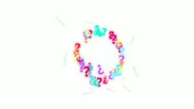 Neon soru, dinamik temiz sahnede beyaz, parlayan ve dönen ünlemler üzerinde spiral işaretler