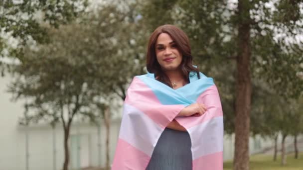 Trans Woman Standing Trans Flag Park Proud Happy Expression High — Stock Video