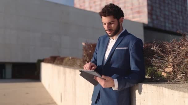Handsome Hispanic Businessman Using Digital Tablet Financial District High Quality — Stock Video