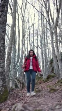 Genç Latin bir kadın çalılıklarda yürüyüş yapıyor. Elinde baston gibi bir dal var. Yüksek kaliteli FullHD görüntüler