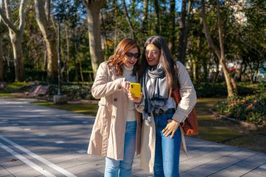 Olgun kadınlar dışarıda dinleniyor, neşeli ifadelerle akıllı telefon anlarını paylaşıyorlar.