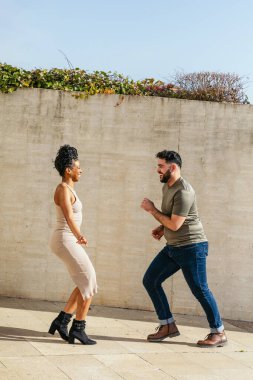 Genç çoklu etnik dansçılar güneşli bir günde şehir dışında salsa dansı yapıyorlar.