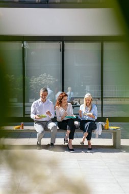 İş arkadaşları iş molasında besleyici bir öğle yemeği yiyor.