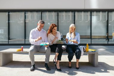 Meslektaşlar güneşli bir bankta sağlıklı bir öğle yemeği yiyorlar.