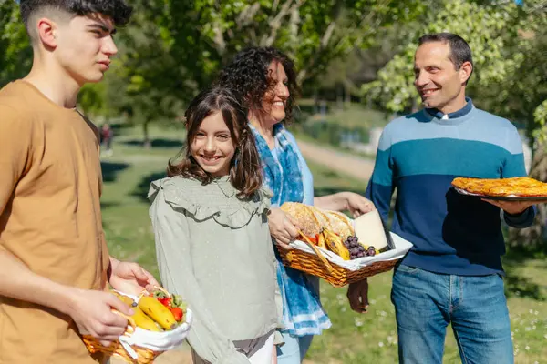 Mutlu aile sepet taşıyor, parkta güneşli bir pikniğin tadını çıkarıyor.