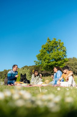 Aile çimenlikte köpekle güneşli bahar pikniğinin tadını çıkarıyor.
