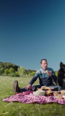 Parkta köpeğiyle güneşli pikniğin tadını çıkaran bir aile.