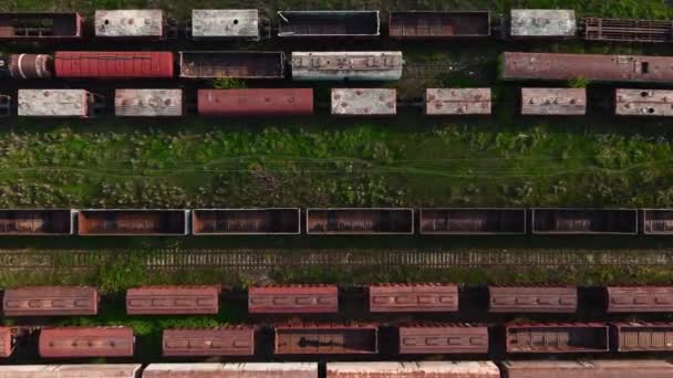 铁路轨道上的旧铁路货运和客车存放地点旁边绿草丛生 从无人驾驶飞机上俯瞰 相机向下移动 — 图库视频影像