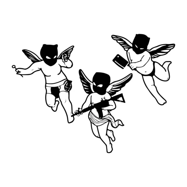 Векторная Иллюстрация Трех Маленьких Детей Крыльями — стоковый вектор