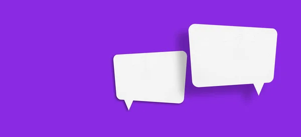 White Paper Speech Bubbles Isolated Purple Background Communication Bubbles Design — Stock Fotó