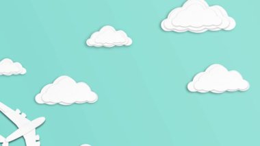White paper airplane flying to the right on green background, stop motion. Top view.