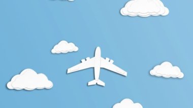 White paper planes fly to the top on a light blue background. stop motion, top view