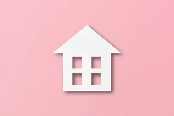 Белая Бумага Вырезать Форму Дома Изолированы Розовом Фоне Бумаги — стоковое фото