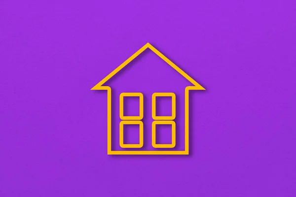 Yellow Paper Cut Out House Shape Isolated Purple Paper Background — стоковое фото