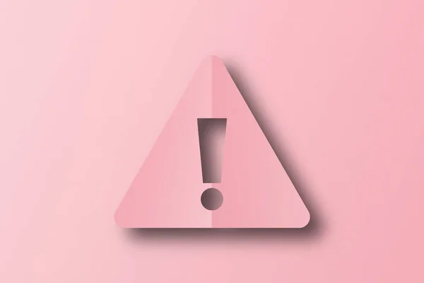粉红纸切割成感叹号状 粉红色背景的警告标志 — 图库照片