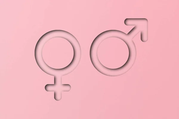 Papier Rose Découpé Formes Symboles Masculins Féminins Sur Fond Rose — Photo
