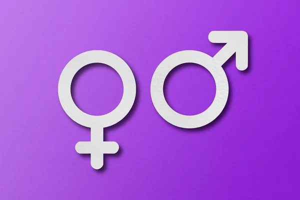 Papel Blanco Cortado Forma Símbolo Masculino Femenino Sobre Fondo Púrpura — Foto de Stock