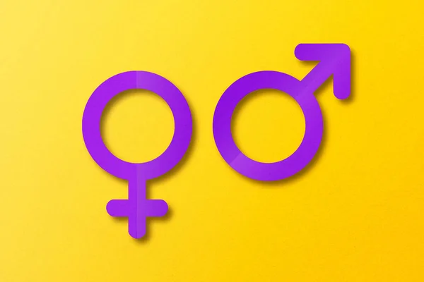 Fioletowy Papier Pocięty Kształty Symbolizujące Samce Samice Zestaw Żółtym Tle — Zdjęcie stockowe
