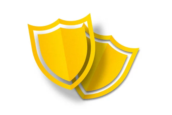 Escudo Papel Amarelo Corte Papel Perfurado Forma Escudo Isolado Fundo — Fotografia de Stock