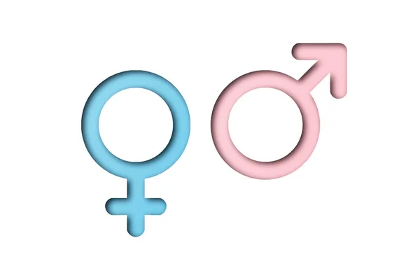 浅蓝色和粉红色的纸被切割成男性和女性的符号形状 在白色背景下隔离 — 图库照片