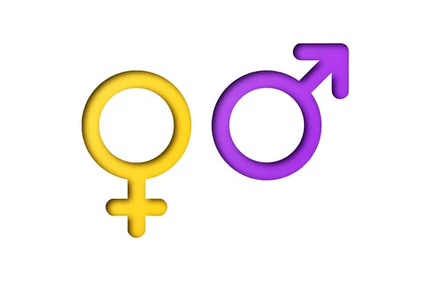 黄色和紫色的纸被切割成象征男性和女性的形状 在白色背景下隔离 — 图库照片