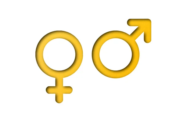 Papel Amarelo Cortado Formas Que Simbolizam Machos Fêmeas Isolado Fundo — Fotografia de Stock