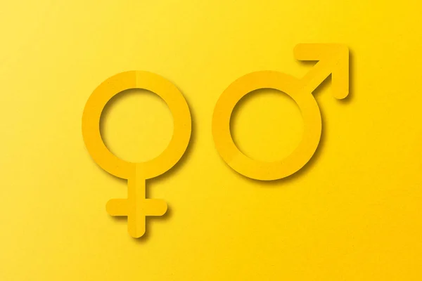 Yellow Paper Cut Shapes Male Female Symbols Set Yellow Background — Stock Photo, Image