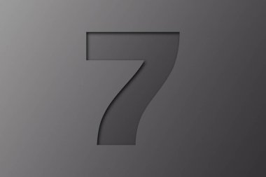 Siyah arkaplanda 7 numaralı siyah kağıt yazı tipi izole edildi.
