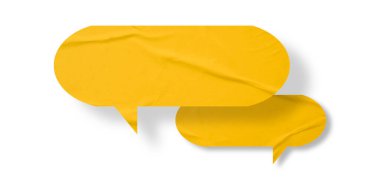 Sarı konuşma balonu buruşmuş kağıt beyaz arkaplanda izole edilmiş