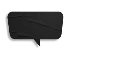 Beyaz arkaplanda izole edilmiş siyah buruşuk konuşma balonu kağıdı