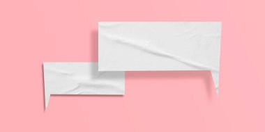 Pembe arka planda izole edilmiş beyaz buruşuk konuşma balonu kağıdı