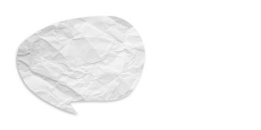 Beyaz konuşma balonu buruşmuş kağıt beyaz arkaplanda izole